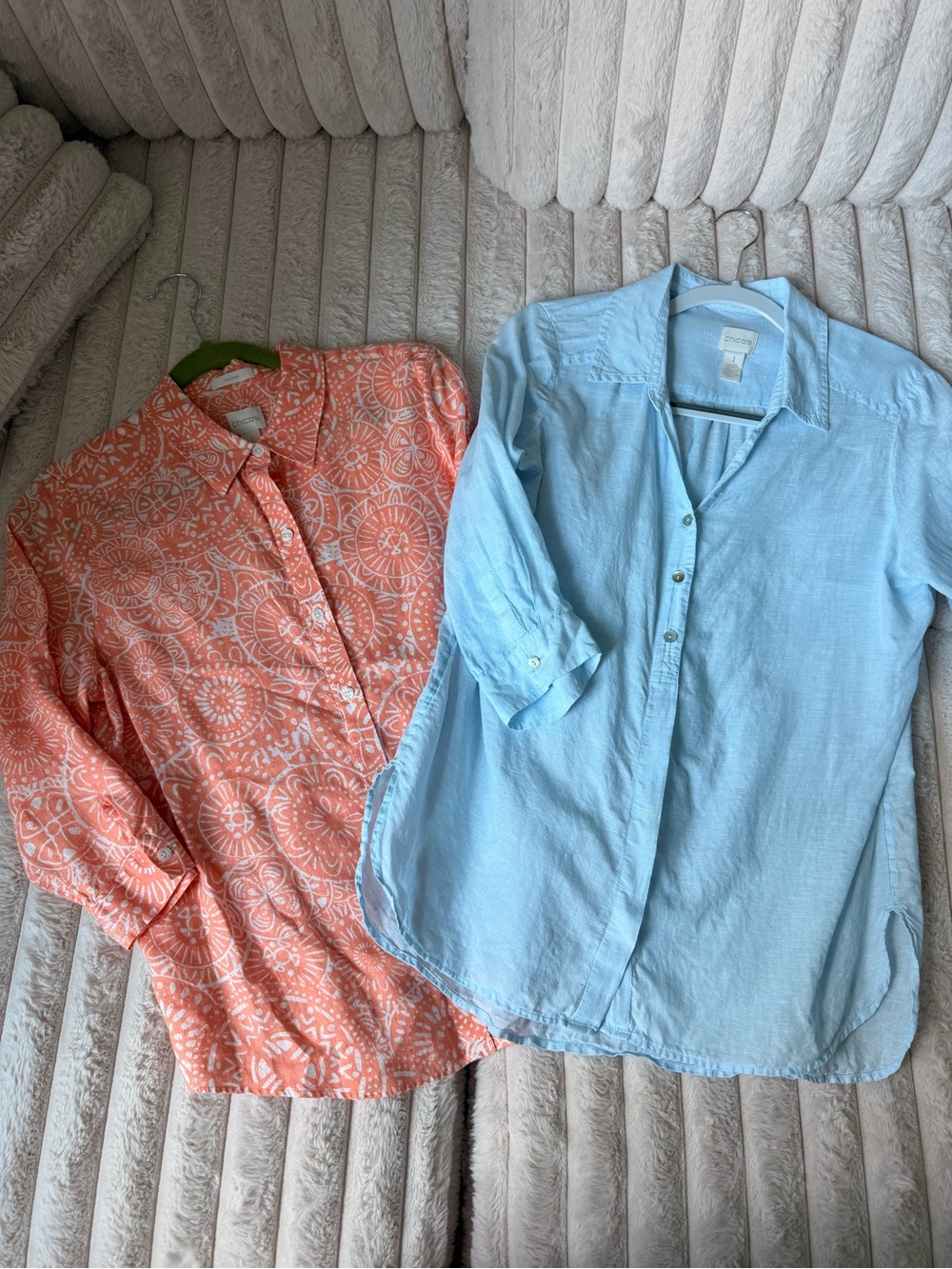 Chico's Light Blue Button-Front Shirt & Coral Patterned Button-Down Linen Bundle